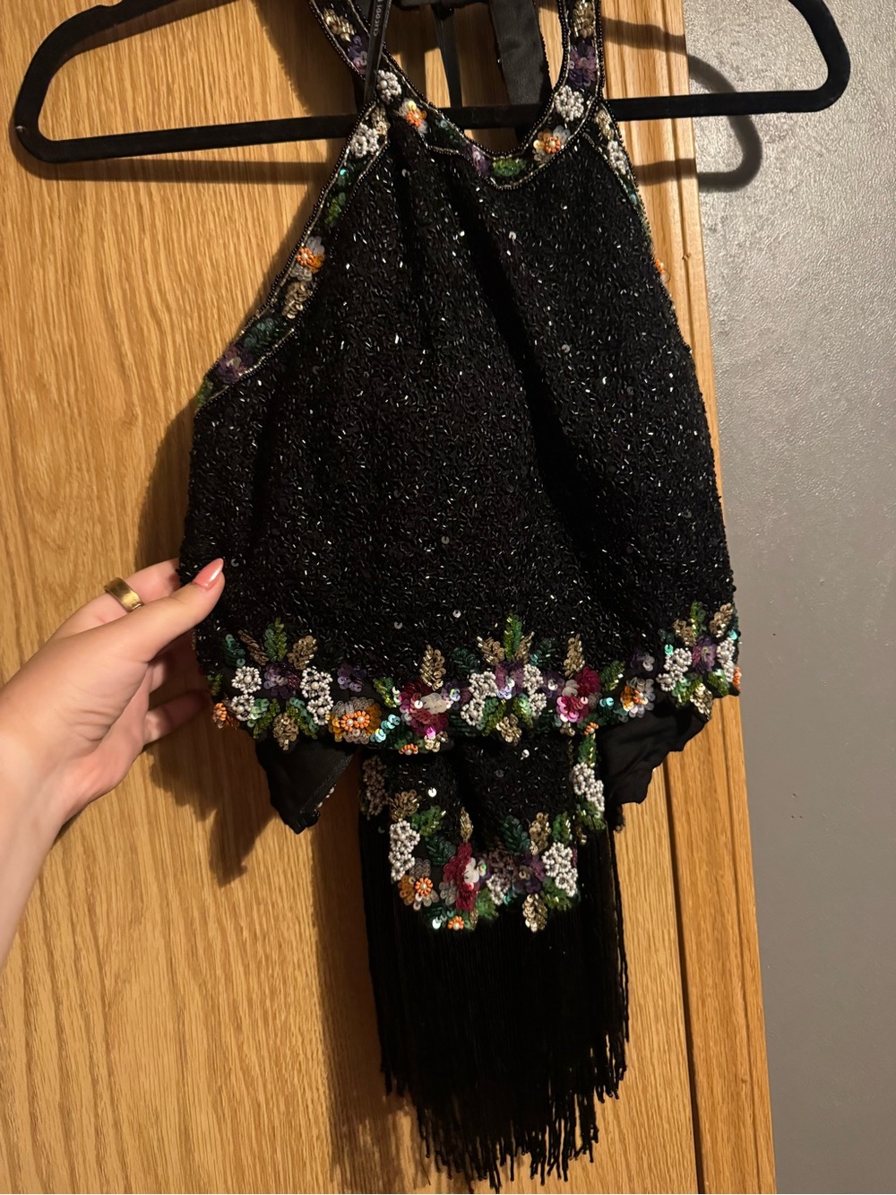 Sherri Hill Black Beaded Halter 2 Piece Dress with Multicolor Floral Embroidery